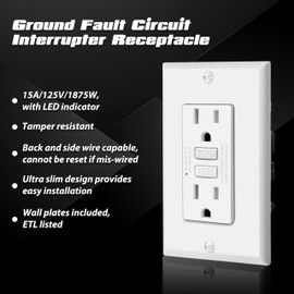 3 Pack - ELECTECK 15 Amp GFCI Outlets, Tamper Resistant, Ultra Slim GFI Receptacles with LED Indicator, Ground Fault Circuit Interrupter, Decor Wallplates Included, ETL Listed, White