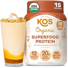 KOS- Proteína en polvo vegana, mezcla de proteína de guisante baja en carbohidratos con café y caramelo salado, superalimento vegetal orgánico        