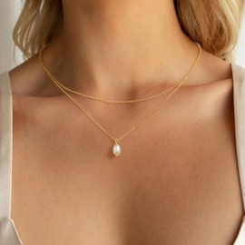 TINGN Pearl Necklace Women's - 14K Gold Plated Necklace Freshwater Pearl Chain Gold Pearl Chain for Women Size Adjustment Necklace Women's Pearl Pendant Jewellery Gifts for Women and Girls, Brass