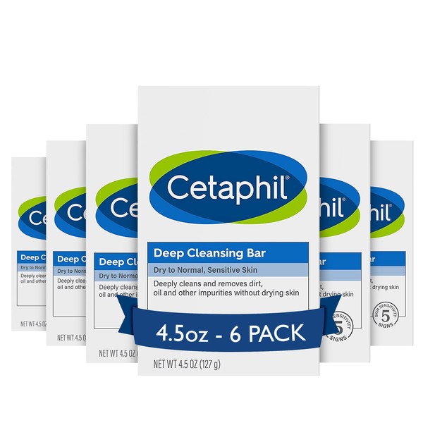 Cetaphil Bar Soap, Deep Cleansing Face and Body Bar, Pack of 6, For Dry to Normal, Sensitive Skin, Soap Free, Hypoallergenic, Paraben Free, Removes Makeup, Dirt and Oil