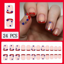 24pcs July 4th Press-On Short Square False Nails Independence Day Stick-On Red Glitter French Manicure Glitter Stars American Flag Design False Nails Women DIY Nail Art Decoration