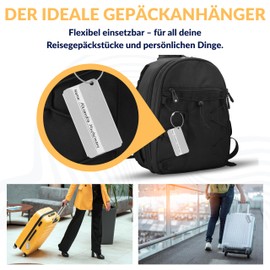 TAGGi - Aluminium Luggage Tag - Luggage Tag with Steel Cable & Name Tag - Privacy Screen - Robust & Weatherproof - Address Tag for Travel (Silver, 4 Tags)