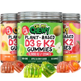 OH MY CHEWY OH MY CHEWY D3K2 Gummies Variety Pack – 3 Bottles (60 Each) – Strawberry Banana, Apple Kiwi & Peach Mango