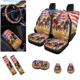 STUOARTE Horse American Flag Printed 12 Pcs Car Seat Covers Full Set for Women Men Car Steering Wheel Cover Seatbelt Cover Armrest Pad Cover Coaster, Universal Fit for Most Cars Truck Van Sedan Truck