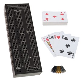 WE Games - Juego de cribbage de madera para 3 jugadores, pinzas de agarre fácil y 2 barajas de cartas en el interior de la tabla, Tinte negro         