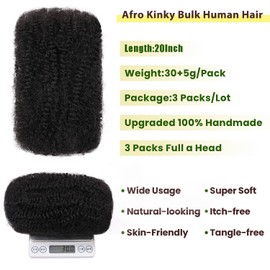 20 Inch 150g Afro Kinky Curly Braiding Bulk Hair For Mini Twists,Afro Kinkys Bulk Synthetic Hair For Micro Spring Twist，Dreadlock Extensions Repair Locs Women 3 Bundles Natural Black (50g/pack)