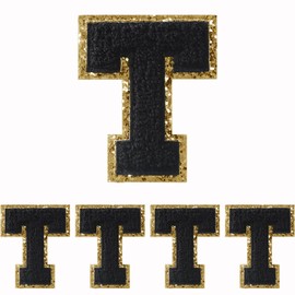 4 PCS Black Chenille Letter Patches, Heat Transfer Embroidered Letters, Glitter Patches, Varsity Iron on Gold Letter Patches, Sew On Letter Patch for Repair and Decoration 3.1in Height (Letter T)