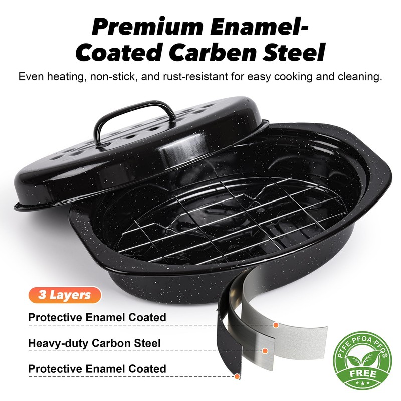 13” Roaster Pan with Lid and Rack, Small Enamel Roaster