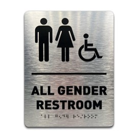 All Gender Restroom Sign by GDS - ADA Compliant, Wheelchair Accessible, Raised Icons, & Grade 2 Braille - Includes Adhesive Strips for Easy Installation - Bathroom Sign, Bathroom Signs for Business, Restroom Signs for Business - 6" W x 8" H (Brushed Aluminum) - Made in USA