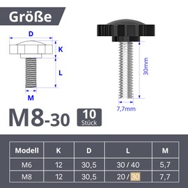ORTAVA Pack of 10 Star Grip Screws, Screws with Handle M8 x 30 mm, Knurled Screw, Star Head Screw, Star Grip Nut, Clamping Knob for Machine Tools, Machine (Black)