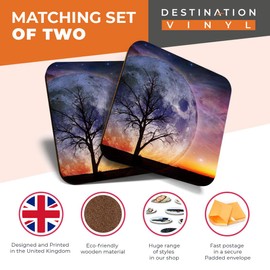 2 x MDF Glossy Top Coasters Square - Sunset Giant Moon Night Sky Art 14075