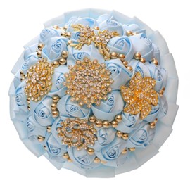 Gkvszy Light Blue Gold Brooch Wedding Bridal Bouquet for Bride Bridesmaid Quinceanera with Bling Rhinestone Pearl Satin Rose Flower Bouquet Wedding Light Blue 8.3in
