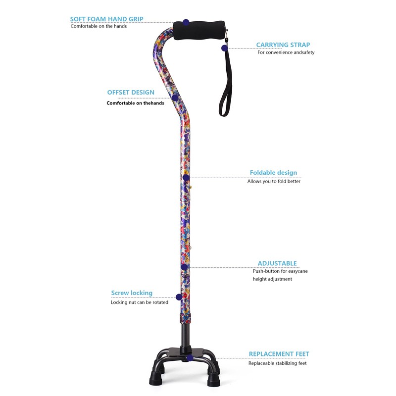 YOKABOZE Walking Cane for Women & Men, Folding Offset Quad