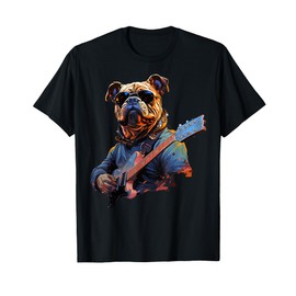 Funny Rock English Bulldog Playing Guitar T-Shirt