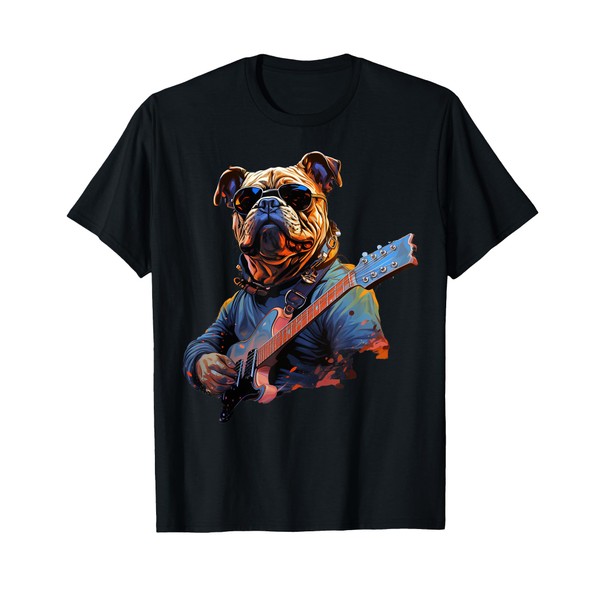 Funny Rock English Bulldog Playing Guitar T-Shirt