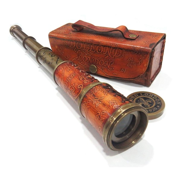 Brass Nautical Antique Working Telescope/Spyglass Replica in Leather Box, with Glass Optics, Extendable to 16 inches, Made of Pure Brass, Decorative Scope