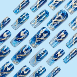 Heart Acrylic Nails Blue Gradient Press on Nails Square Wave Silvery Flowers Stripe Pattern Design Nails Artificial Coffin Nails Glossy Glue on Nails for Women