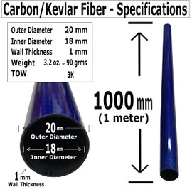 (1) Blue Carbon Fiber Tube - 20mm x 18mm x 1000mm - 3K Roll Wrapped 100% Carbon Fiber Tube Glossy Surface