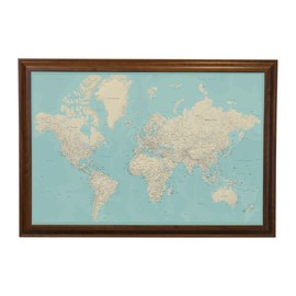Push Pin Travel Maps - Teal Dream World - Brown Frame Framed Pin Map for Tracking Your Travels - 27.5" x 39.5" - 8 Handcrafted Frame Options - Made in USA - Ideal for Any Traveler