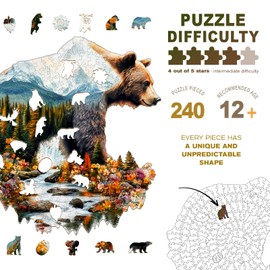 Wooden Puzzles for Adults - Bear and Nature Wooden Jigsaw Puzzle for Adults - Unique Animal Shaped Wood Puzzles Adult - Creative Birthday Gift Family Game