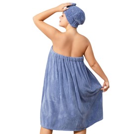 Plus Size Women's Towel Wrap with Hair Towel,Bath Wrap, Elastic Band, Fits 110-220 lbs, Soft Coral Fleece,Perfect as Shower Wrap Towel for Women or Velcro Towel Wrap Women (Blue)