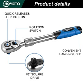 HOYETO 1/4" Extendable Ratchet Wrench, 72-Tooth Telescopic for Auto Repair