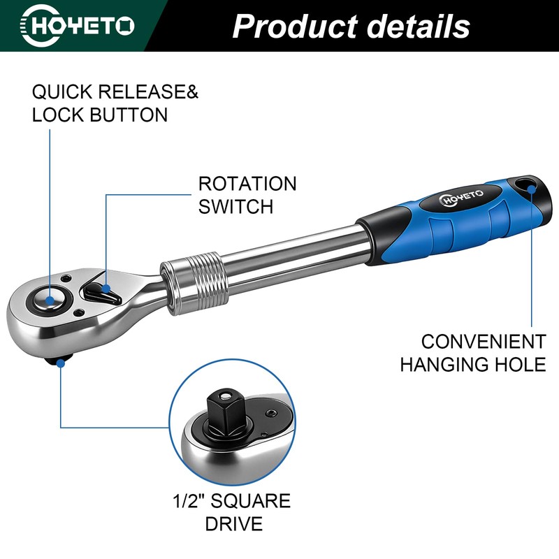 HOYETO 1/4" Extendable Ratchet Wrench, 72-Tooth Telescopic for Auto Repair