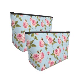 YOULEEJOY pink rose beautiful nature blue dots Trapezoid portable makeup storage bag women's toiletry bag travel storage suitable for women holiday gifts