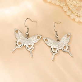 KKJOY Butterfly Earrings Stainless Steel Openwork Love Heart Flying Elves Butterfly Pendant Earrings Trendy Jewellery for Women Charming Ladies, Stainless Steel, No Gemstone