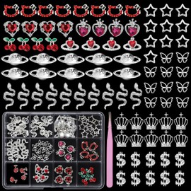 84 Pcs Silver Nail Charms Gems, 12 Styles Heart Cherry Cat Red Nail Rhinestones Charms, Butterfly Crown Dollar Star Snake Planet Nail Jewelry Charms for Nail Art DIY Accessories