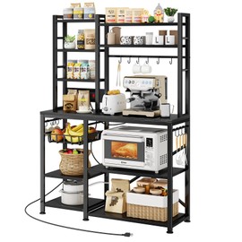 SNTD Baker Rack with Power Outlet - Microwave Stand with Storage, Large Coffee Bar Station with 14 Hooks, Metal Kitchen Shelf Rack for Spices, Pots (Rustic Black)
