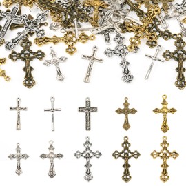 Magibeads 50Pcs Alloy Cross Charms Gold Crucifix Pendants Metal Tibetan Cross Beads Western Christian Charms for Easter Crafts DIY Earrings Keychain Rosary Jewelry Making Supplies