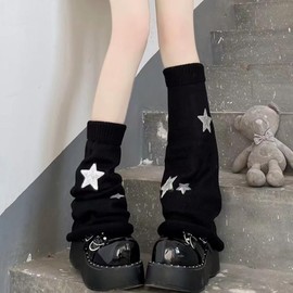 DEEPWIN Leg Warmer Cute JK Star Leg Socks Y2K Knitted Long Tube Fashion (Black)