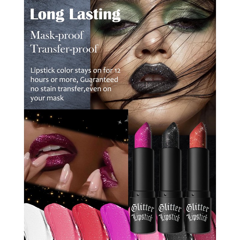 Glitter Lipstick, Diamond Metallic Sparkling Matte Lipstick, Waterproof Long Lasting
