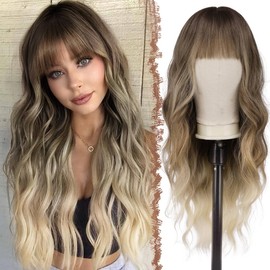FESHFEN Long Ombre Wig with Fringe for Women Natural Synthetic Wavy Curly Wavy Hair Heat Resistant Women's Wigs for Daily Party Cosplay Ombre Blonde Mix Brown 65 cm