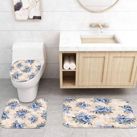 jieprom 4PCS Blue Floral Shower Curtain Bathroom Set with Rugs,Toilet Lid Cover and Bath Mat, Leopard Print Shower Curtain with 12 Hooks,Bathroom Set