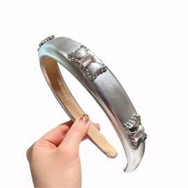 TQUXNGA Fashion Silver Headband Women PU Leather Wide Headbands with Heart/Bow Decoration Teen Girls Cute Cool Headbands