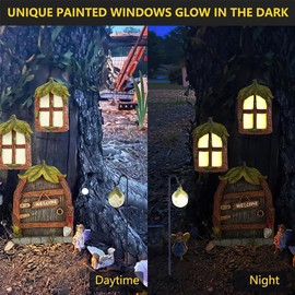 atibi Fairy Garden Decor Fairy Door and Windows for Trees, Glow in The Dark Mushroom Yard Sculpture Lawn Ornament Mini Garden Art Outdoor Decor Accessories with Lantern (E)
