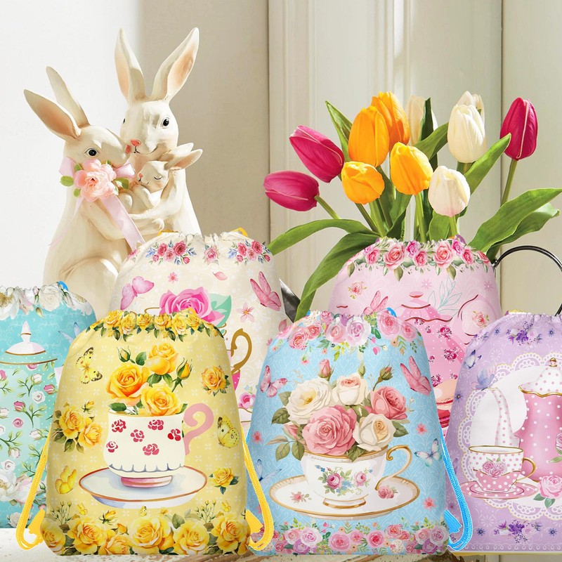 12 Pcs Tea Party Drawstring Bag Set, Colorful Floral Non-Woven