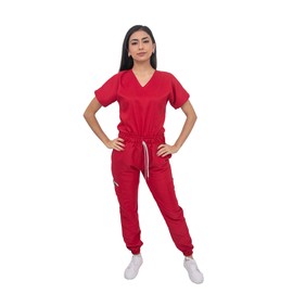 Kolorum Scrubs - Women Antifluid Jogger Surgical Red Scrub Set - V-Neck, Cargo Pockets, Soft-to-Touch Fabric (X-Small)