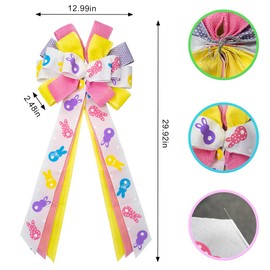 Large Easter Bows for Wreath, Spring Easter Colorful Bunny Rabbit Wreath Bows for Front Door Decoration White Yellow Pink Purple Wreath Ribbon Bows for Home Door Wall Decor Spring Easter Party