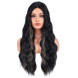 BERON Black Mixed Blonde Wig Long Wavy Wig for Women Black Blonde Wigs Middle Part Wigs for Daily Party and Cosplay