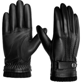 BISON DENIM Sheepskin Leather Winter Warm Touchscreen Gloves with Cashmere Lining, Driving Motorcycle Gloves, Black, L