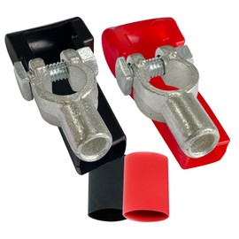 Ampper Copper Top Post Battery Terminal Set, Standard Top Post Battery Terminal Clamp Connector Set (+/-) W/Cover and Heat Shrink Tubing for 2 Gauge Wire (1 Pair)