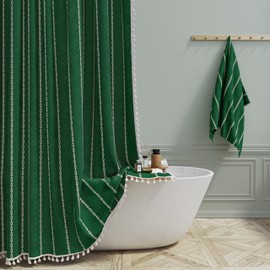 BTTN Boho Farmhouse Shower Curtain, Linen Rustic Weighted Striped Fabric with Tassel, Water Repellent, Bohemian Vintage Country Cloth for Bathroom, Emerald Green, 72x72