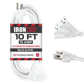 Iron Forge Cable 3 Outlet Outdoor Extension Cord 10 ft - 16 Gauge 13 Amp Heavy Duty Power Extension Cords - SJTW - Great for Major Appliances, Power Tools, Garden Supplies - White