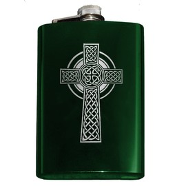 Engraved CELTIC CROSS 8oz Stainless Steel Hip Flask (Green)