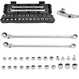 LOSCHEN 27pcs Extra Long Metric Flex-Head Ratcheting Wrench Double Box End Combination Wrench Set with 72 Teeth, Chrome Vanadium Steel Tubing Ratchet Spanner（US and European Patents）