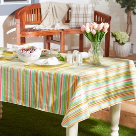 DII Vinyl Tabletop Collection Indoor/Outdoor Spill-Proof Flannel Backed Tablecloth, 70" Round, Spring Stripe