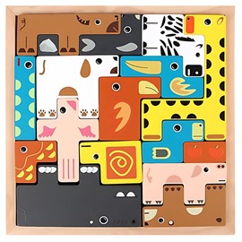 ONAu. 16Pcs Montessori Wooden Puzzle Brain Teasers Toy Set Creative Kids and Children's Arts Open Ended Tangram Jigsaw Intelligence Educational STEM (Animals)